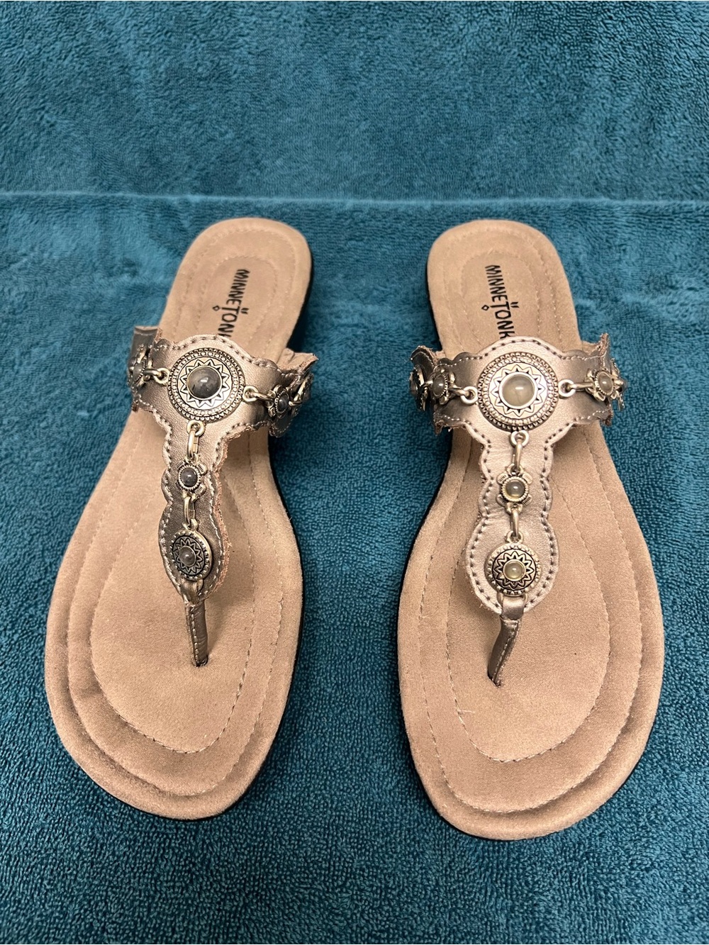 Minnetonka Metallic Tan Decorative T-Strap Sandals